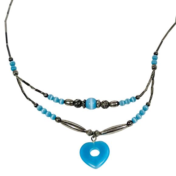Vintage Beaded Black Blue Open Heart Pendant Necklace Jewelry Metal 7" - Picture 1 of 5